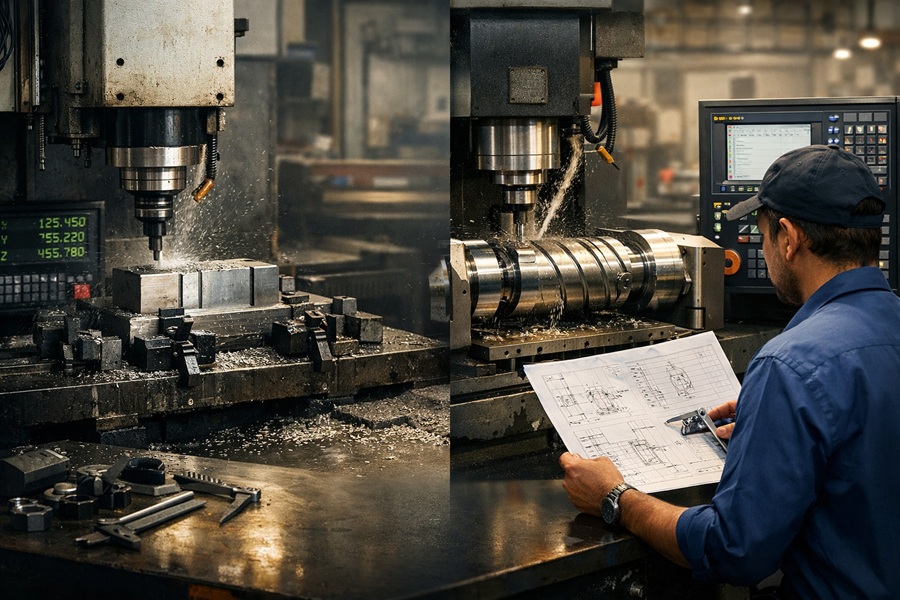 Industrial workshop with milling machines and engineer