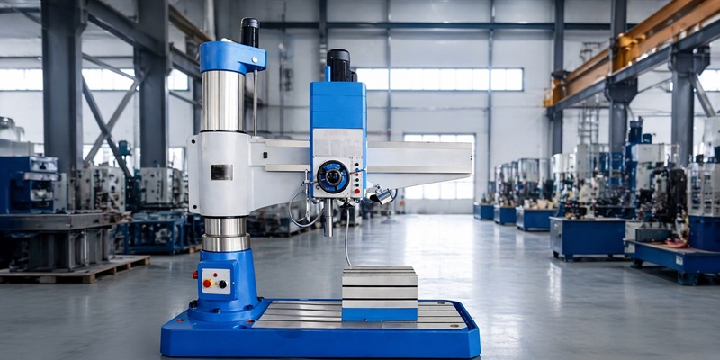 Industrial workshop with radial drilling machine