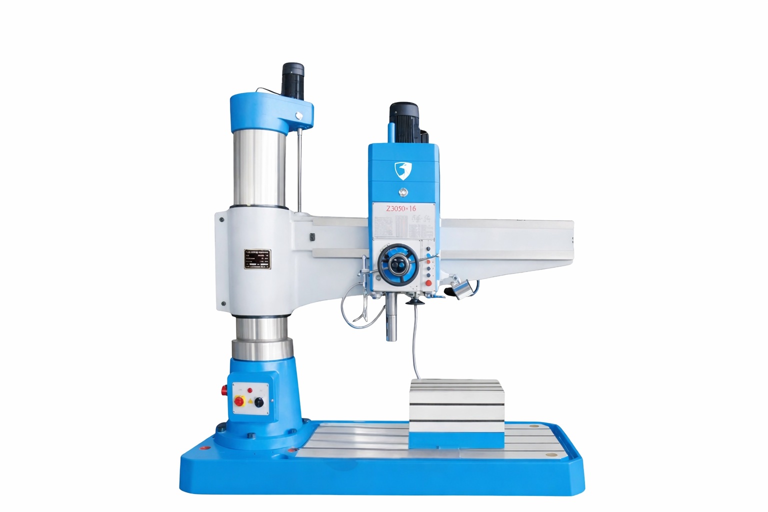 Radial drilling machine in blue and white